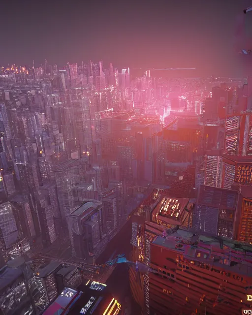 Prompt: an unreal engine 3d render of a night rooftop scene, neon lights in the city below, close up shot of a photorealistic gangster wearing a trench coat looking at the city below, global illumination