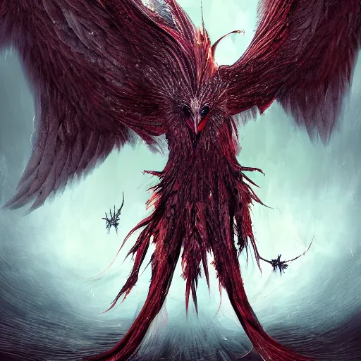 Prompt: different firebirds intertwined in the same body, multiple birds, different feathers, different heads of birds, all intertwined, bloodborne, digital art, dark fantasy, concept art