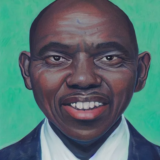 Image similar to a painting of a wide forehead, round face, XXL , smirky, fatherly, loving, caring, generous, ever-present, humble, wise elder from Kenya in a suit by Kehinde Wiley . Fatherly/daddy, focused, loving, leader, relaxed,. ethereal lights, details, smooth, sharp focus, illustration, realistic, cinematic, artstation, award winning, rgb , unreal engine, octane render, cinematic light, macro, depth of field, blur, red light and clouds from the back, highly detailed epic cinematic concept art CG render made in Maya, Blender and Photoshop, octane render, excellent composition, dynamic dramatic cinematic lighting, aesthetic, very inspirational, arthouse.