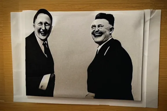 Image similar to “ very very intricate photorealistic photo of hitler and elon musk laughing together, detailed natural lighting, award - winning crisp details ”