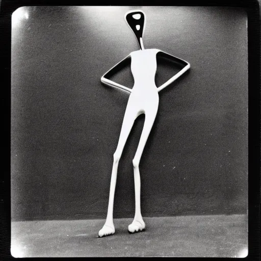 Prompt: an black and white photography of a tall skinny creature with a long neck, arms, and legs, covered in black substance, suburbs backround, 1 9 9 0, polaroid,