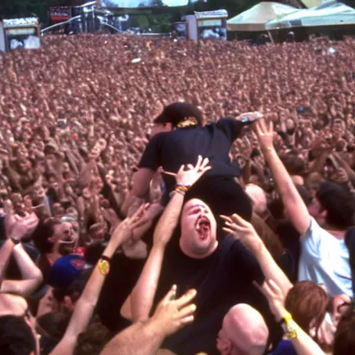 Prompt: george costanza at the vans warped tour on stage, crowd surfing