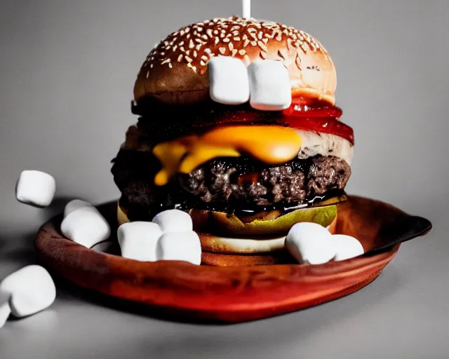 Image similar to dslr food photograph of burger with marshmallows in it, chocolate sauce, 8 5 mm f 1. 4