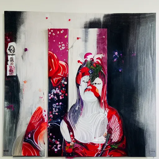 Image similar to “art in an Australian artist’s apartment, portrait of a woman wearing stained white cotton cloth, stained by fresh raspberries and strawberries and blueberries, white wax, edible flowers, Japanese pottery, Australian native white and red flowers ikebana, black walls, acrylic and spray paint and oilstick on canvas”