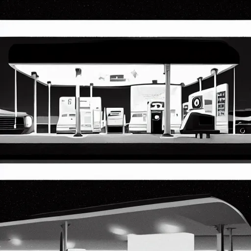 Image similar to a gas station at night by emiliano ponzi, george ault, bauhaus, retrofuturism, concept art, matte drawing