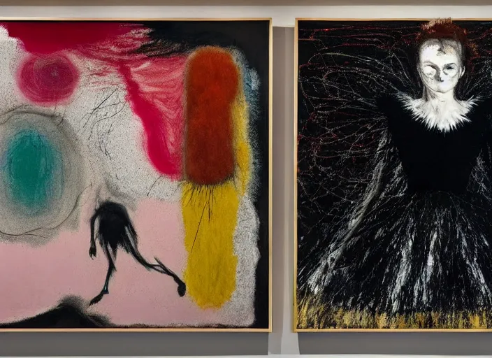 Image similar to a still from the movie black swan : francis bacon and pat steir and nicolas party and hilma af klint, dripping paint, altermodern