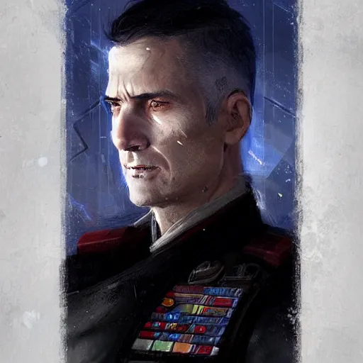 Image similar to portrait of a man by greg rutkowski, blue skin, short black hair in military style, tall, star wars expanded, universe, he is about 5 0 years old, wearing white colored imperial admiral uniform, artstation hq