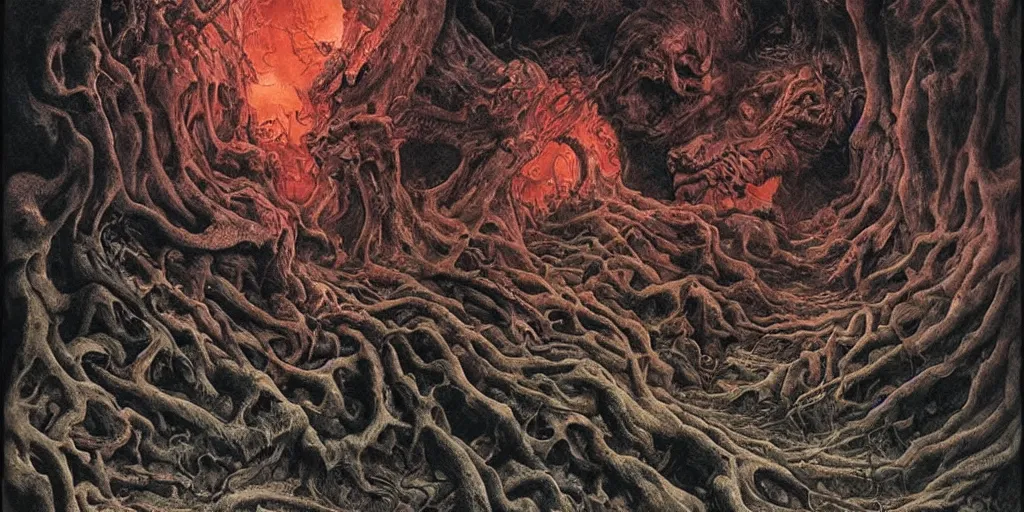 Image similar to visions of hell, fluid, smooth, organic, crazy, bright, colours, tumours, high contrast, sharpness, dramatic, very detailed, intricate, by giger and corben and moebius and beksinski and bosch and bacon