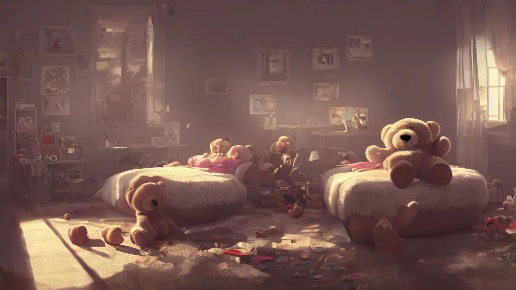 Image similar to a Photorealistic hyperrealistic render of an interior of a spoiled child's beautiful bedroom with a giant teddy bear sitting on the floor by PIXAR,Greg Rutkowski,WLOP,Artgerm,dramatic moody sunset lighting,long shadows,Volumetric, cinematic atmosphere, Octane Render,Artstation,8k