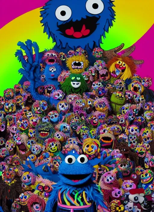 Image similar to 8k hyper realistic detailed image swirl of unholy Cookie Monster rites in a coven of Muppets, Black Frank the goat and neon pentagram in the center, rich deep colors, neon colors, cinematic shot by Alfonso Cuaron, part by Gaspar Noe. Art by Takashi Murakami, part by Jeff Koons. wide angle. masterpiece, ultra detailed