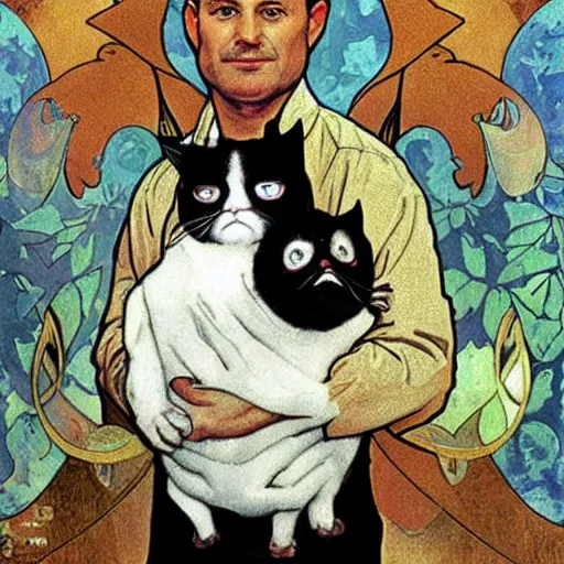 Image similar to “ george costanza from seinfeld holding grumpy cat aloft, halo, art nouveau, by alphonse mucha ”