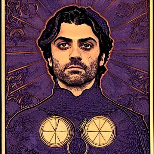 Image similar to oscar isaac portrait by louis - theophile hingre and alphonse mucha, realistic, sharp focus, zodiac signs, tarot cards, planets, ethereal, art nouveau, magic, moon, sun, crown, dreamy, royal, jewellery