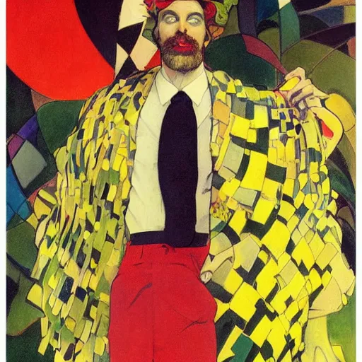 Image similar to art by joshua middleton, the yellow creeper, a tall manically smiling yellow - skinned man with green and black striped cycling shorts and wearing a long red feather boa, mucha, kandinsky, poster, comic art, stylised design