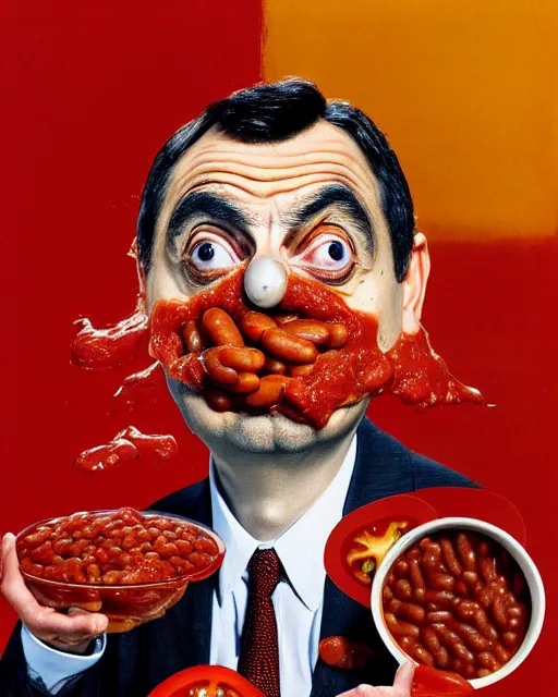 Image similar to portrait of mr bean's face in a bowl full of baked beans, face covered in beans and tomato sauce, beans in his eyes sockets, pile of beans on his head, tomato sauce in his eyes, open mouth full of with baked beans, overflowing with baked beans, rowan atkinson, muted colors, surrealist oil painting, highly detailed