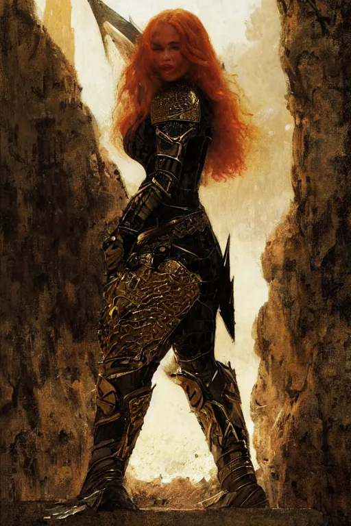 Image similar to redhead emilia clarke wearing black and gold geometric armour, bare legs, detailed, by gaston bussiere, bayard wu, greg rutkowski, giger, maxim verehin, greg rutkowski, masterpiece, sharp focus, cinematic lightning