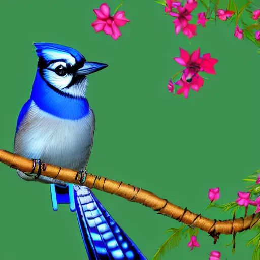 Prompt: bluejay flying above a vibrant and colorful forest full of birds, ethereal, digital art