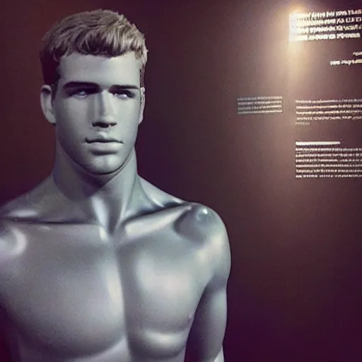 Image similar to “ a realistic detailed photo of a guy who is an attractive humanoid who is half robot and half humanoid, who is a male android, actor liam hemsworth, shiny skin, posing like a statue, blank stare, at the museum, on display ”