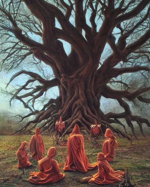 Image similar to satanic masked ritual, large ancient tree, ultra high definition, hyperrealism, masterpiece 8 k, oil painting