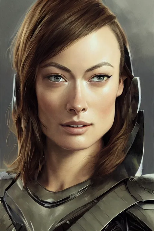 Image similar to a professional painting of a young Olivia Wilde, clothed in military armor, olive skin, long dark hair, beautiful bone structure, symmetrical facial features, intricate, elegant, digital painting, concept art, smooth, sharp focus, illustration, from Star Wars by Ruan Jia and Mandy Jurgens and Artgerm and William-Adolphe Bouguerea