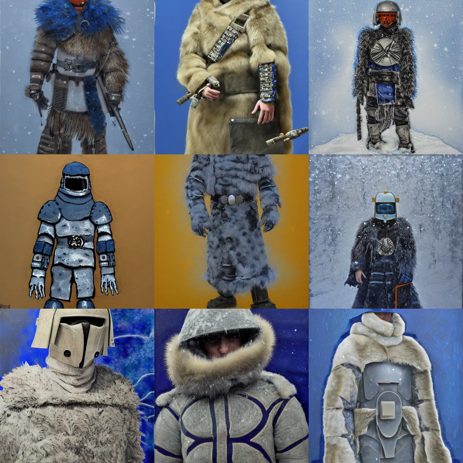 Prompt: futuristic inuk legionary, lorica segmentum, furs, snow camouflage, snow, luminism, tonalism, cobalt blue, prussian blue, payne's grey, raw sienna, figurative art, sharp details