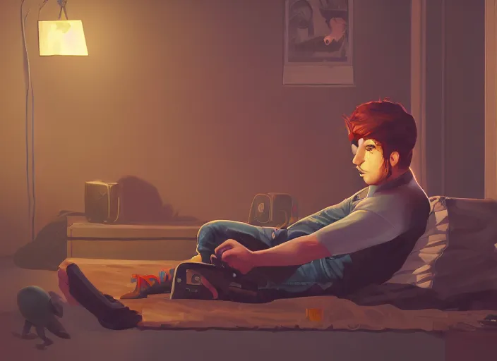 Image similar to video gamecore, gamecore, gamercore portrait of a man playin playstation on his home at night, cinematic perspective, trending in artstation, behance, deviantart