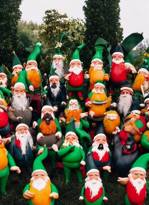 Prompt: an Irish party with hundreds of gnomes holding bananas