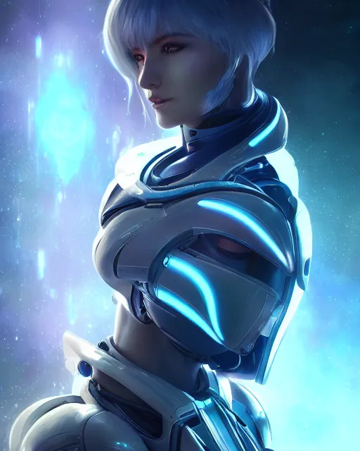 Image similar to perfect android girl on a mothership, warframe armor, beautiful face, scifi, futuristic, galaxy, nebula, raytracing, dreamy, long white hair, blue cyborg eyes, sharp focus, cinematic lighting, highly detailed, artstation, divine, by gauthier leblanc, kazuya takahashi, huifeng huang