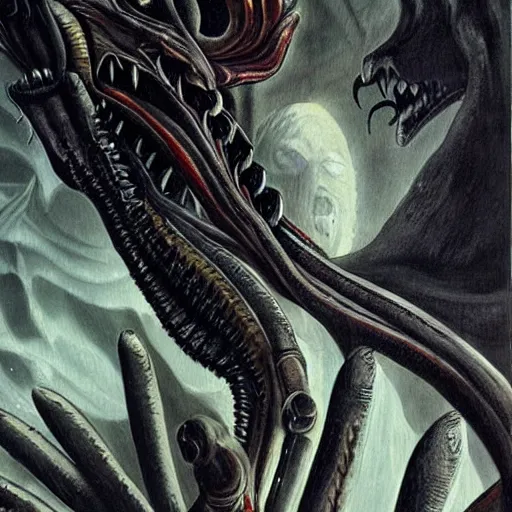 Image similar to gothic painting of a xenomorph, epic detail, stunning, grand, sharp focus,