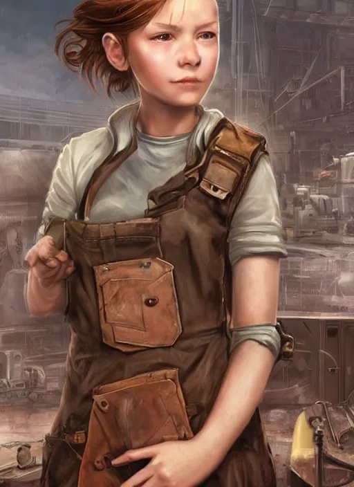 Image similar to a portrait digital painting of a young girl with hazel - brown hair. post - apocalyptic clothing. she's wearing a mechanics uniform and has been working on some large machinery. a factory background with big machines, pipes, computer monitors. painted by artgerm, ross tran.