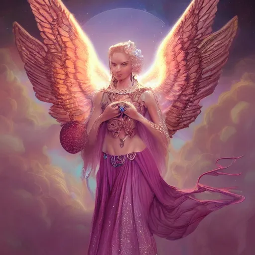 Image similar to A beautiful digital painting of a female angel full of jewels, princess, the moon behind her, intricate, cinematic lighting, highly detailed, digital painting, Artstation, concept art, smooth, sharp focus, illustration, art by Tom Bagshaw, Artgerm and Greg Rutkowski