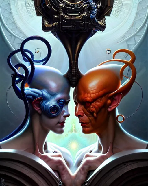 Image similar to beautiful gemini good and evil, happy and sad faces, fantasy character portrait, ultra realistic, wide angle, intricate details, the fifth element artifacts, highly detailed by peter mohrbacher, boris vallejo, hajime sorayama, wayne barlowe, aaron horkey, gaston bussiere, craig mullins