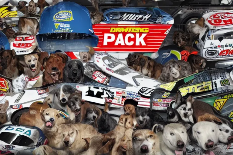 Image similar to vfx movie nascar driver covered in corporate sponsor logos holding up bone for pack of dogs in the u. s. senate. by emmanuel lubezki