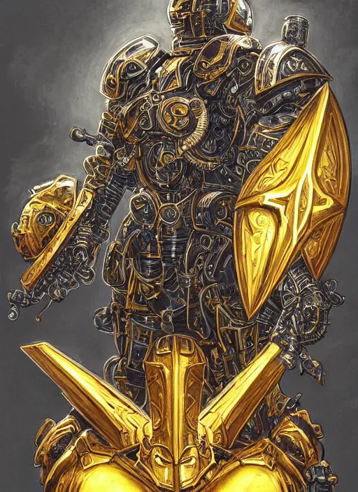 Image similar to dynamic portrait of a intricate glorious holy mechanical warforged character in yellow armor holding a paladin engraved great longsword and carrying a big paladin shield, spotlight from face , epic , trending on ArtStation, masterpiece, cinematic lighting, by Jesper Ejsing and by Philippe Druillet and by Yoann Lossel and by John Salminen