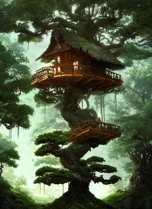 Prompt: beautiful tree house in a gnarly bonsai in a ancient forrest, dynamic lighting, cinematic, establishing shot, extremly high detail, foto realistic, cinematic lighting, post processed, concept art, artstation, matte painting, style by ghibli, myazaki