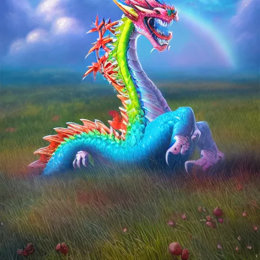 Image similar to rainbow dragon in a field of piones, blue clear sky, soft color, highly detailed, digital painting, artstation, concept art, matte, sharp focus, impressionnisme, art by james jean