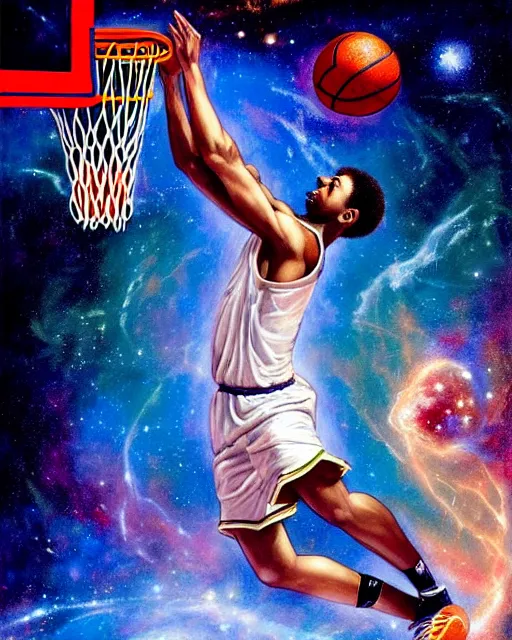 Prompt: cosmic basketball player dunking a basketball hoop in a nebula, an oil painting, by ( leonardo da vinci ) and greg rutkowski and rafal olbinski, award - winning magazine cover
