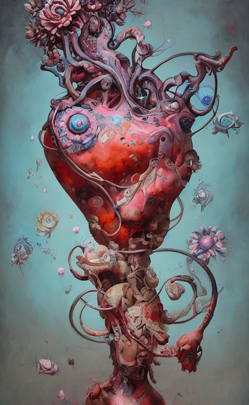 Image similar to a biomorphic painting of a vase with flowers and eyeballs in it, a surrealist painting by Nychos, by Peter Mohrbacher, by Beksinski, pastel blues and pinks, featured on artstation, metaphysical painting, oil on canvas, fluid acrylic pour art, airbrush art,