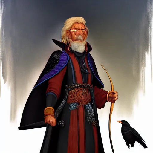 Prompt: Meneldas the Magnificent, a proud wizard with a raven familiar, 8k resolution, full-length portrait, digital painting, fantasy illustration by Brom, D&D character art