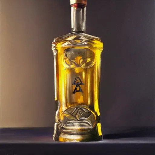 Image similar to a hyper-realistic studio still-life oil-painting of a-bottle-of-vodka; hyper-detailed; an extraordinary masterpiece!!!; flawless; trending on artstation