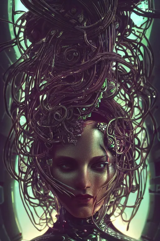 Image similar to Cyberpunk medusa, dark atmosphere, cinematic shot, intricate, ornate, photorealistic, ultra detailed, realistic, 35mm, photography, neon, octane, high definition, depth of field, bokeh, 8k, artstation, ((alphonse mucha))