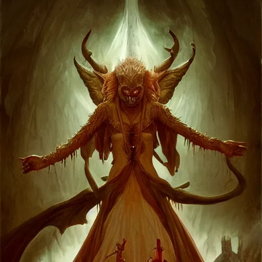 Image similar to The Evil Satanic Tooth-Fairy Demon Goddess is pulling your strings twisting your mind and smashing your dreams, fullbody, intricate, horror, fantasy horror, dungeons & dragons, highly detailed, artstation, concept art, smooth, sharp focus, illustration, art by greg rutkowski and orientalism and bouguereau and Zdzislaw Beksinski, good clear quality, lighting, biology, symmetrical artwork, perfect face, 135 mm, cinematic, hyper realism, high detail, octane render, 8k, chrome accents