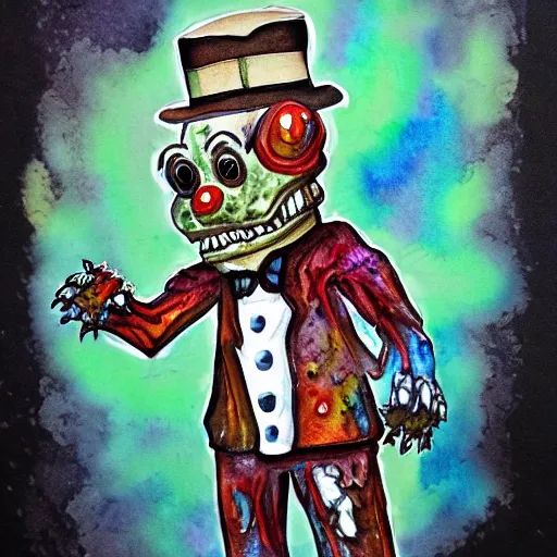 Image similar to water color on paper, zombie freddy fazbear, highly detailed, artstation, masterpiece, award - winning,