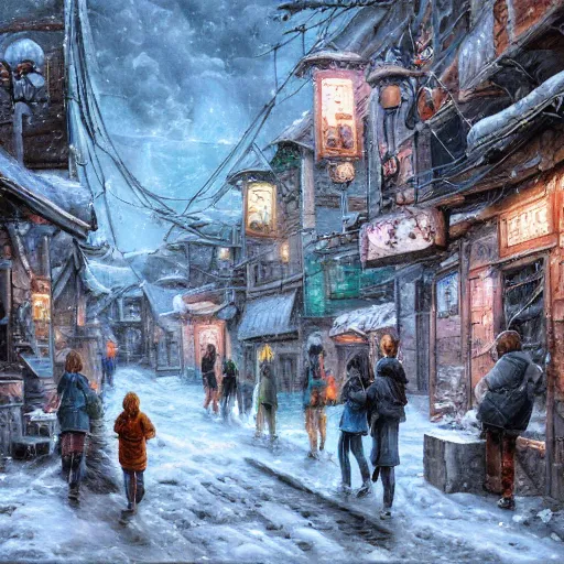 Prompt: a group of friends in a snowy village, dynamic composition, motion, ultra-detailed, incredibly detailed, a lot of details, amazing fine details and brush strokes, colorful and grayish palette, smooth, HD semirealistic anime CG concept art digital painting, watercolor oil painting of Clean and detailed post-cyberpunk sci-fi, relaxing, calm and mysterious vibes,, by a Chinese artist at ArtStation, by Huang Guangjian, Fenghua Zhong, Ruan Jia, Xin Jin and Wei Chang. Realistic artwork of a Chinese videogame, gradients.,set in half-life 2, dynamic composition, beautiful with eerie vibes, very inspirational, very stylish, with gradients, surrealistic, dystopia, postapocalyptic vibes, depth of field, mist, rich cinematic atmosphere, perfect digital art, mystical journey in strange world