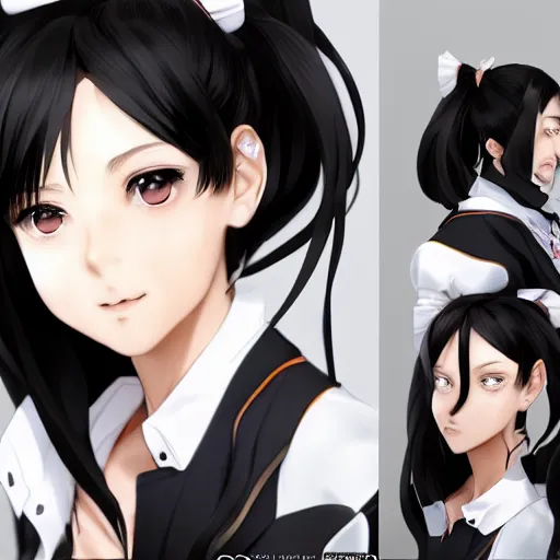 Image similar to astonishing portrait of a very beautiful anime high-school girl with black hair ponytail, white ribbon, full perfect face, realistic, highly detailed background, artstation, 120 degree view, drawn by Sasoura, Satchely and Akihiko Yoshida, no distortion