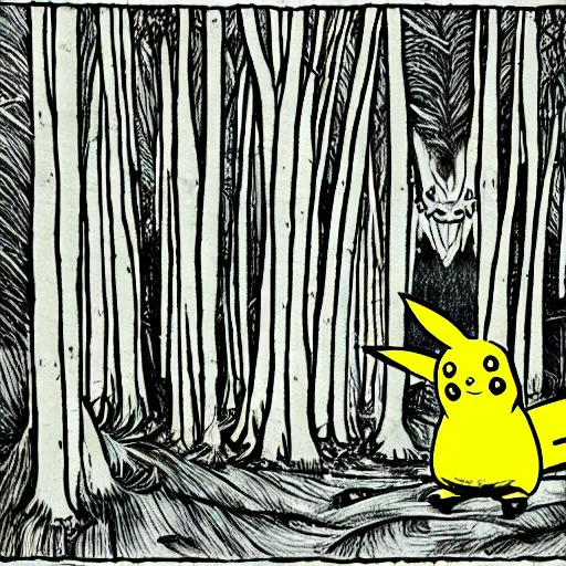 Image similar to Pikachu in a forest with his trainer by Junji Ito, scary, horror, eerie, ominous