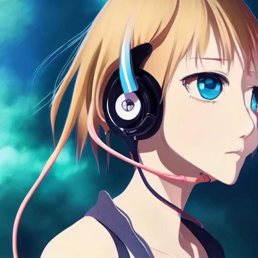 Image similar to portrait of girl listening to music on earphone, anime fantasy illustration by tomoyuki yamasaki, kyoto studio, madhouse, ufotable, trending on artstation