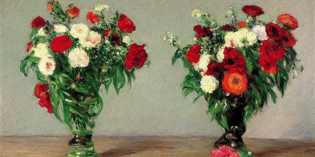 Image similar to a beautiful bouquet of flowers, oil painting, by Gustave Caillebotte, very colorful, White, vivid green & red, very detailed, artstation