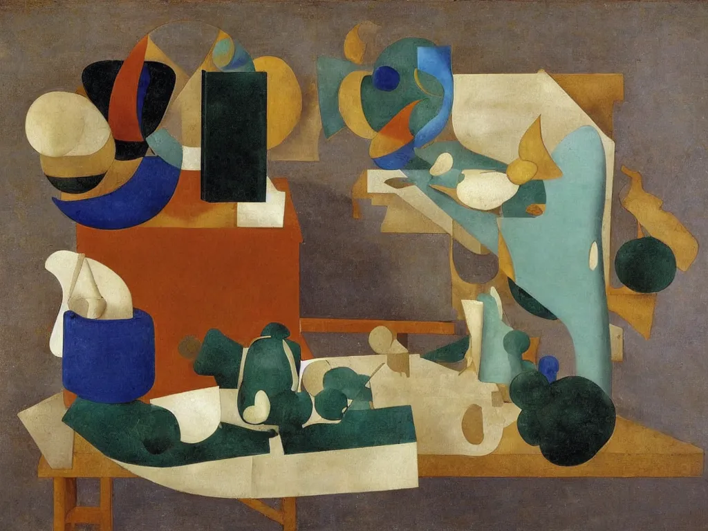 Prompt: still life with book and hans arp sculpture. lapis lazuli, malachite, turqouise, gold. painting by piero della francesca, balthus, agnes pelton