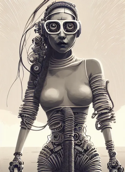 Image similar to highly detailed portrait of a cyberpunk long curly white hair tribal lady, stray wiring by atey ghailan, james gilleard, by joe fenton, by greg rutkowski, by greg tocchini, by kaethe butcher, 4 k resolution, gradient yellow, black and white color scheme!!! ( ( sandstorm robotic desert landscape background ) )