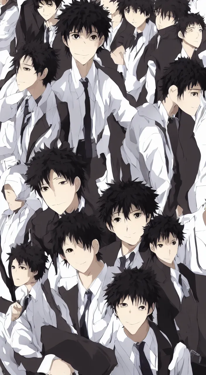 Prompt: okabe rintarou, 1 boy, black hair, brown eyes, black pants, white labcoat, smile, black shirt, looking at viewer, on rooftop, steins ; gate, digital anime art